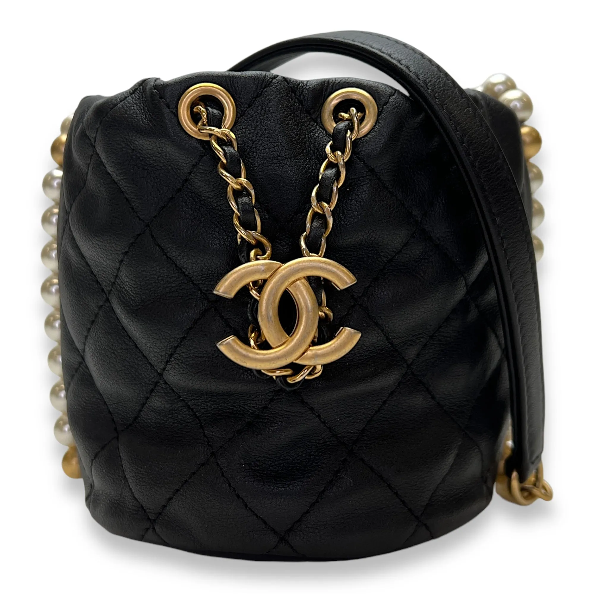 About Pearls Mini Black Bucket Bag in Calfskin, Gold hardware