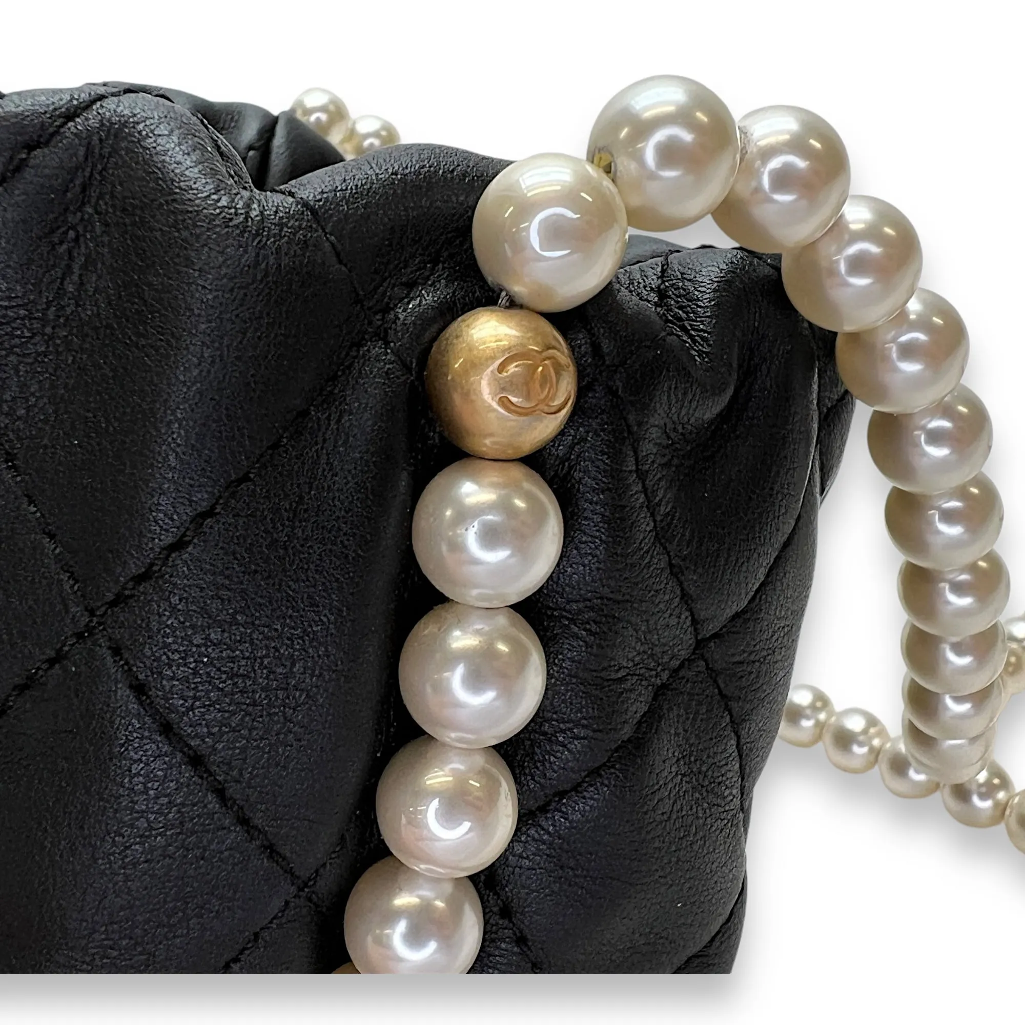 About Pearls Mini Black Bucket Bag in Calfskin, Gold hardware