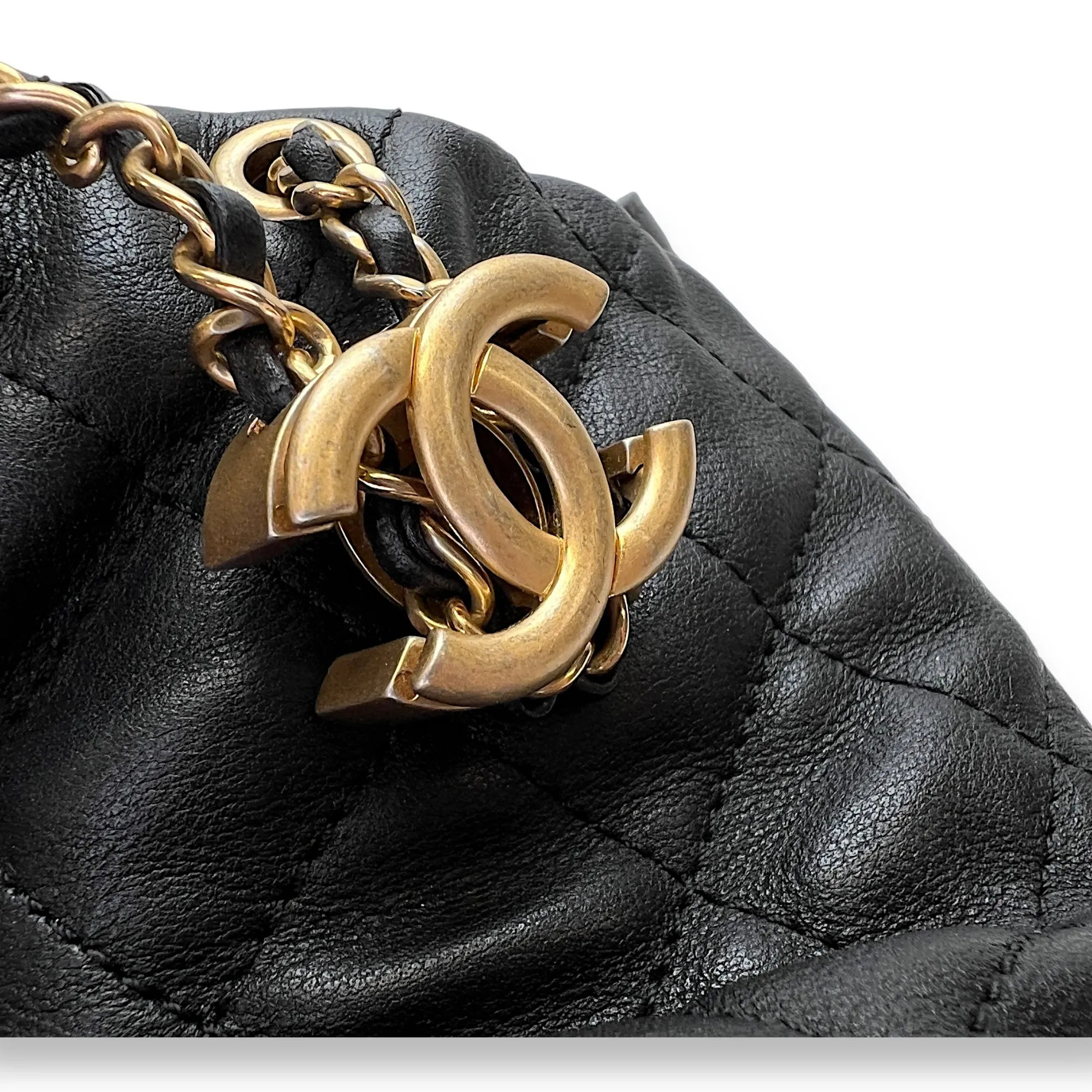 About Pearls Mini Black Bucket Bag in Calfskin, Gold hardware