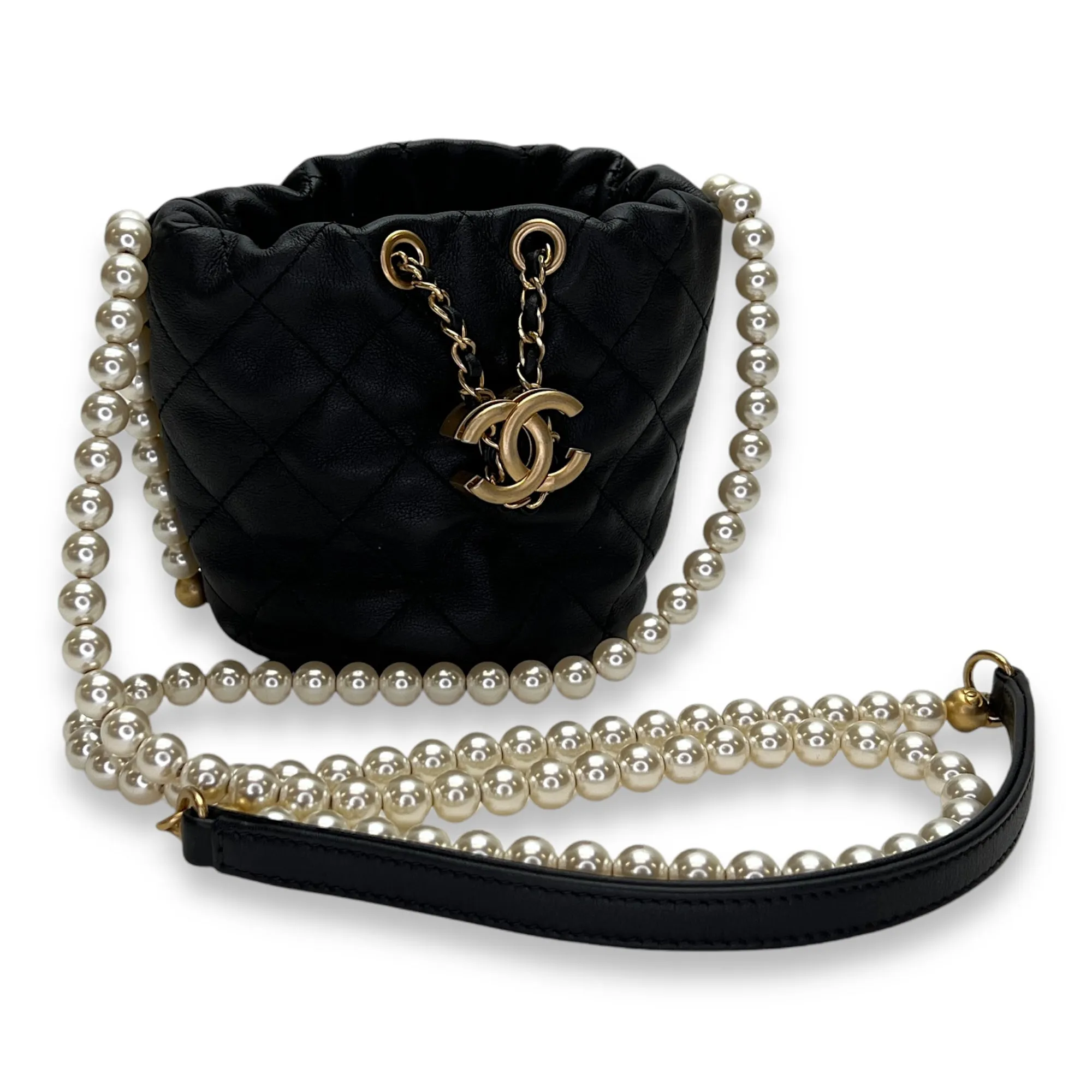 About Pearls Mini Black Bucket Bag in Calfskin, Gold hardware