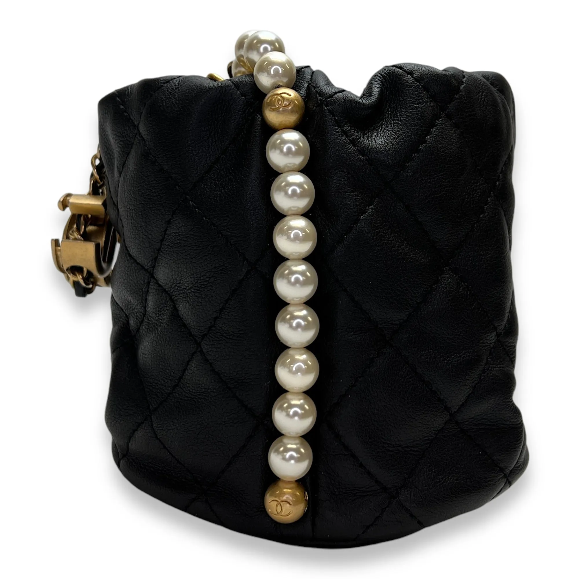 About Pearls Mini Black Bucket Bag in Calfskin, Gold hardware