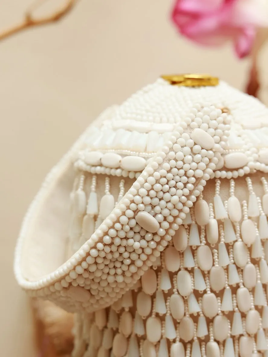 Bella White Round Embellished Bag with Handle