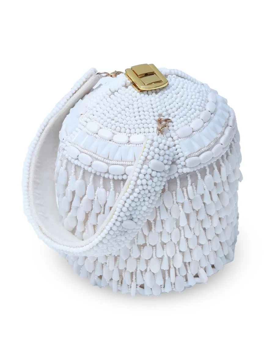 Bella White Round Embellished Bag with Handle