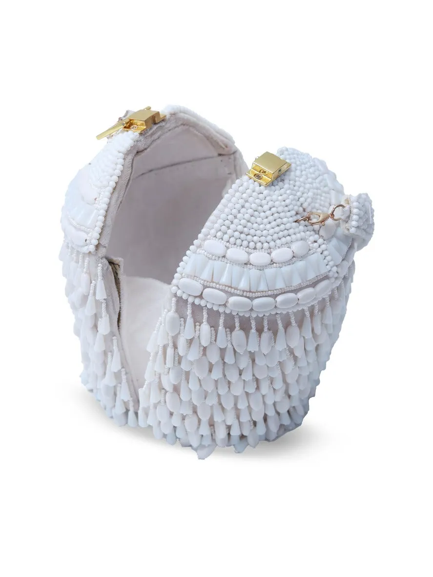 Bella White Round Embellished Bag with Handle