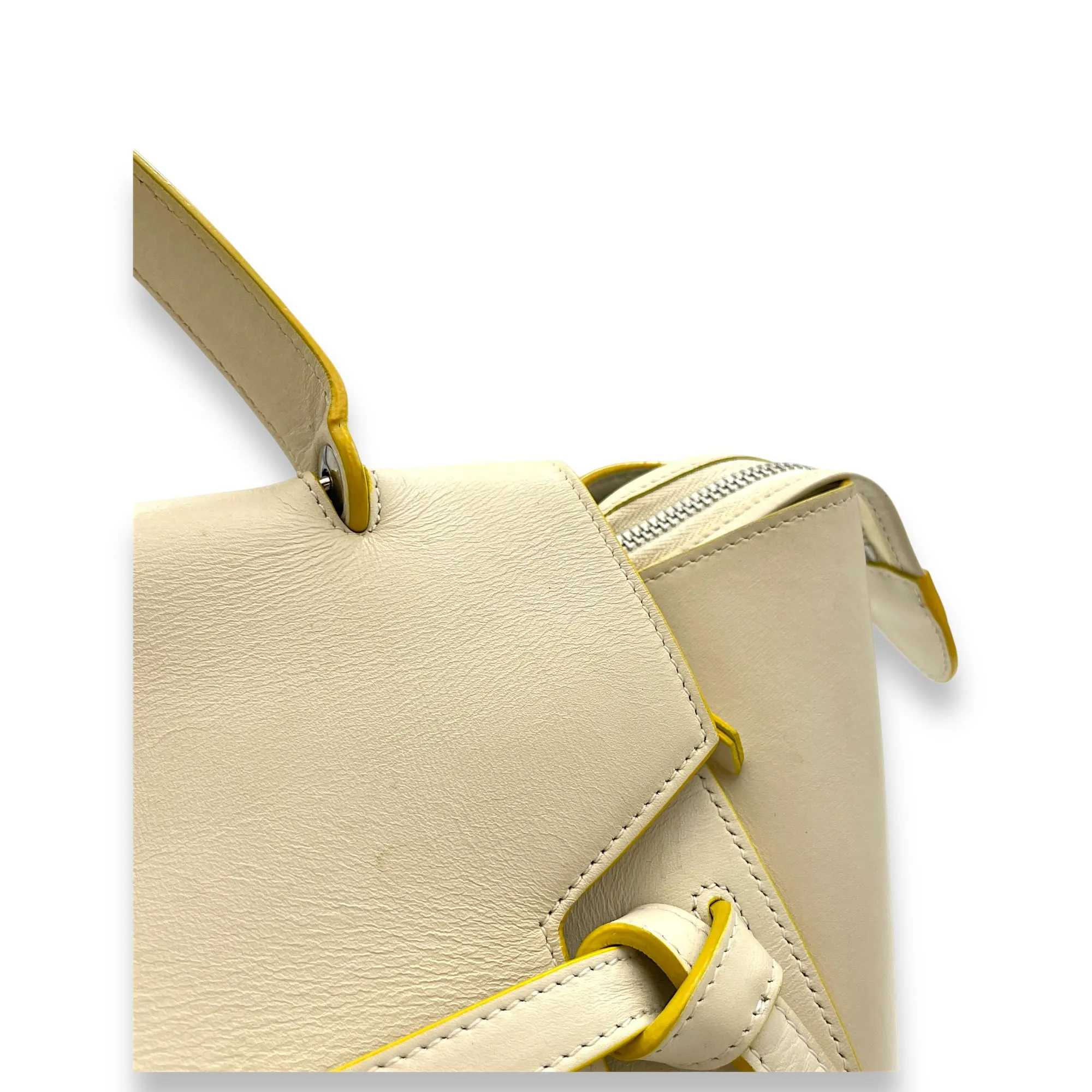 Belt Mini White Top Handle Bag in Calfskin, Silver hardware