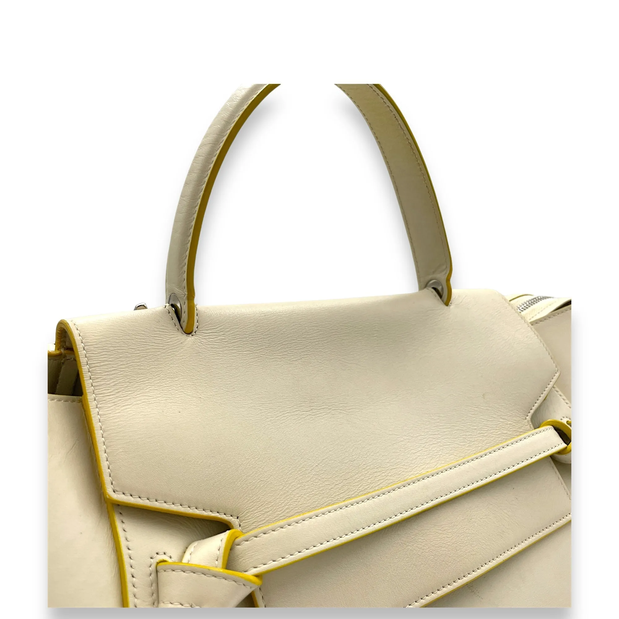 Belt Mini White Top Handle Bag in Calfskin, Silver hardware