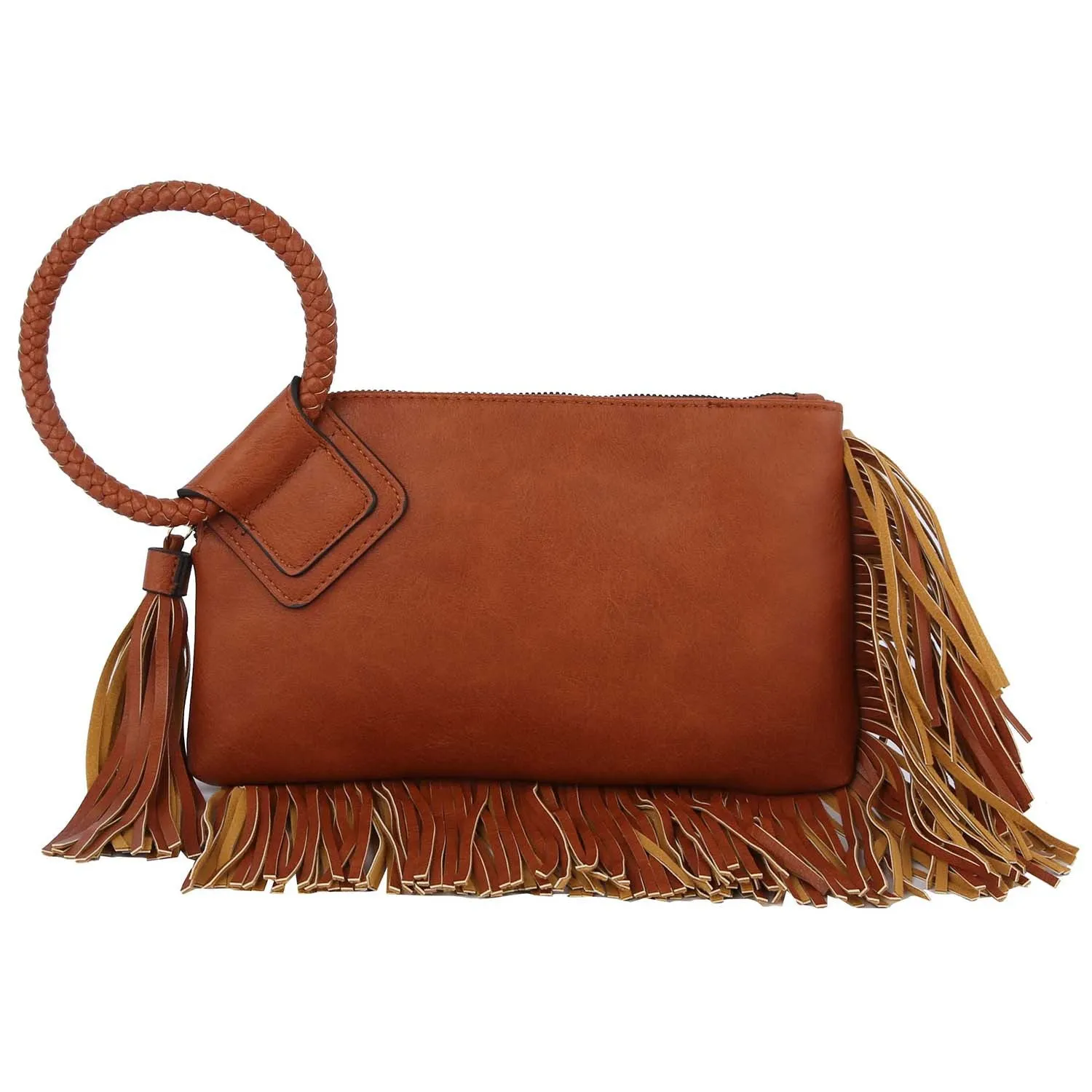 Brown Fringe Cuff Clutch Tassel Wristlet Clutch