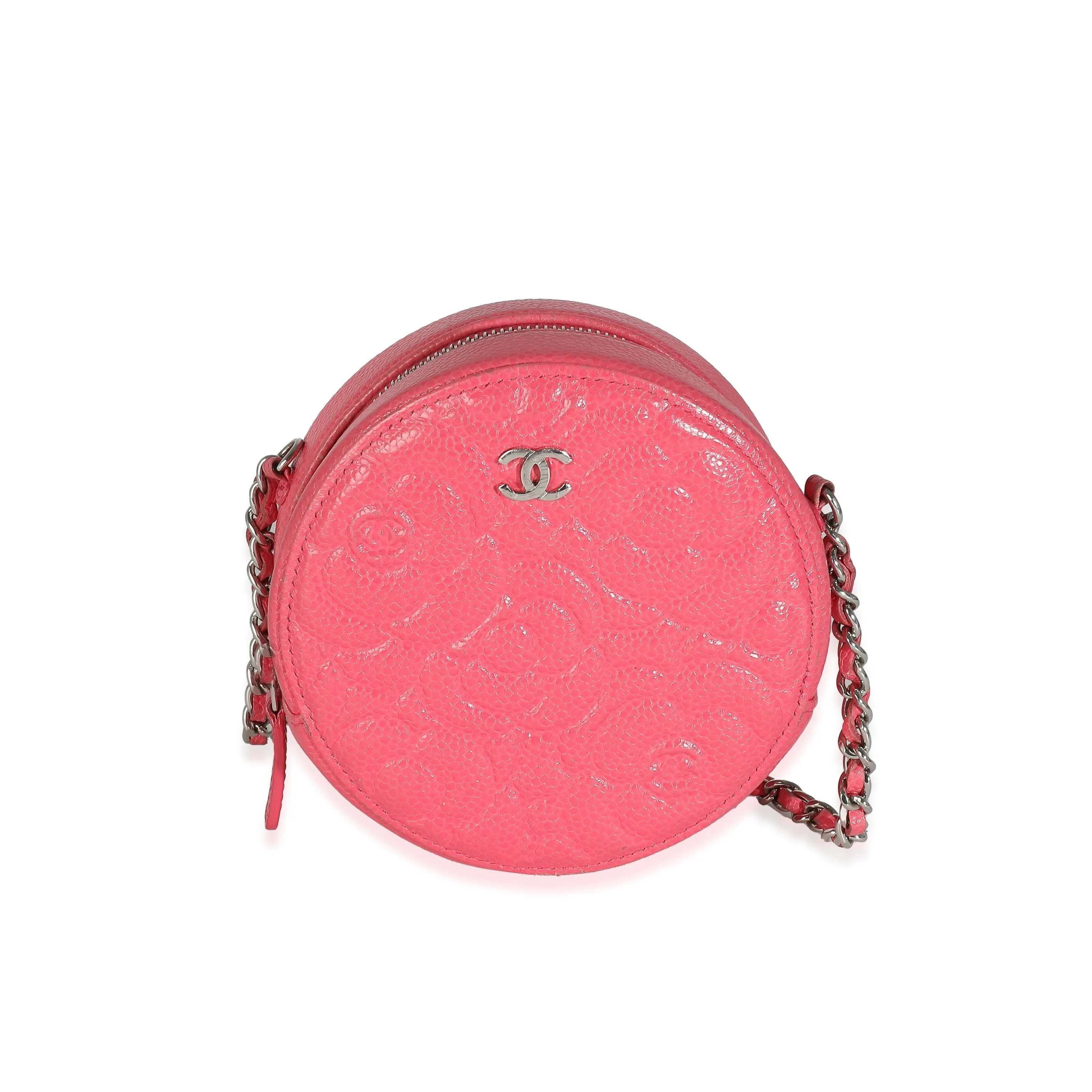 CHANEL Pink Camellia Embossed Caviar Round Mini Pouch With Chain