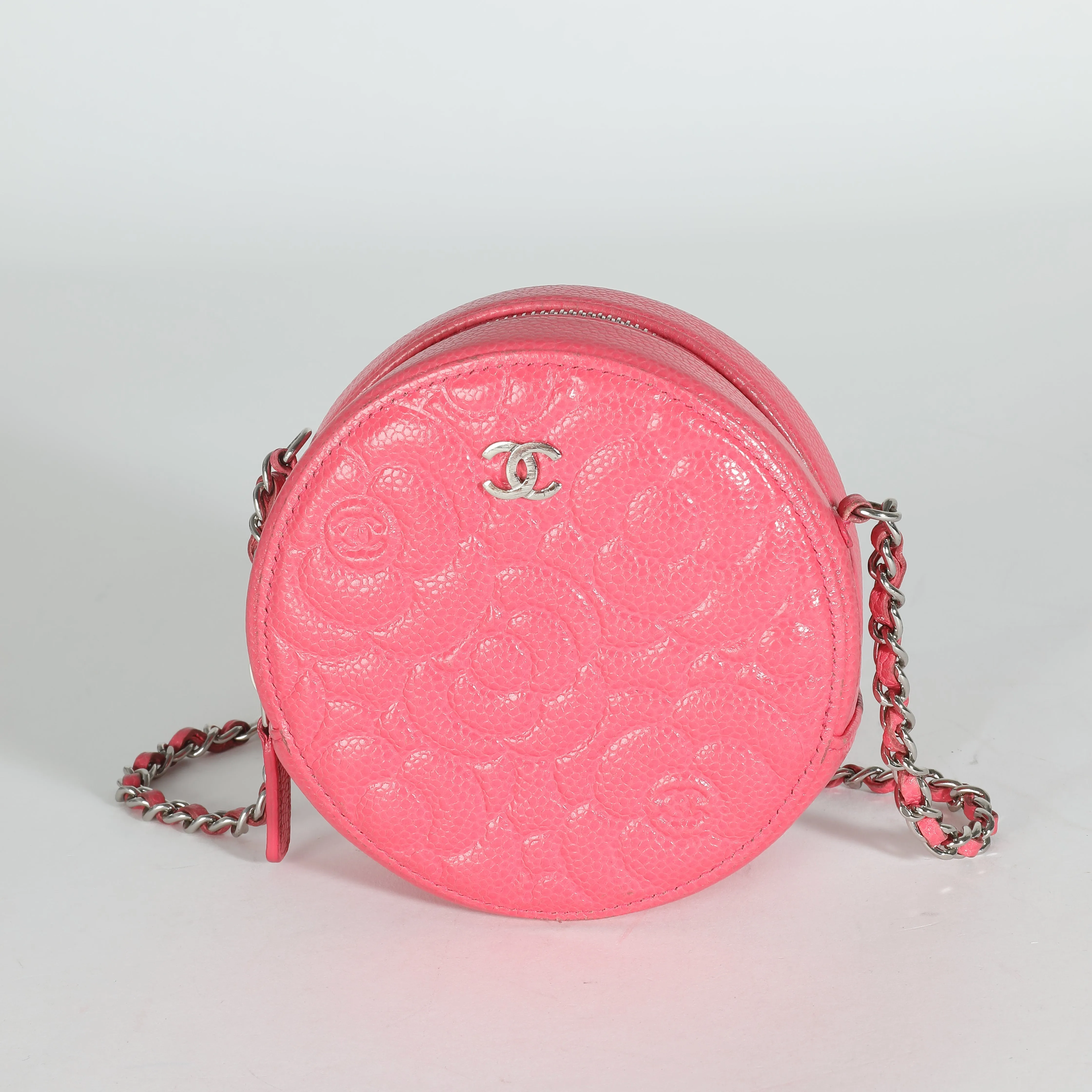 CHANEL Pink Camellia Embossed Caviar Round Mini Pouch With Chain