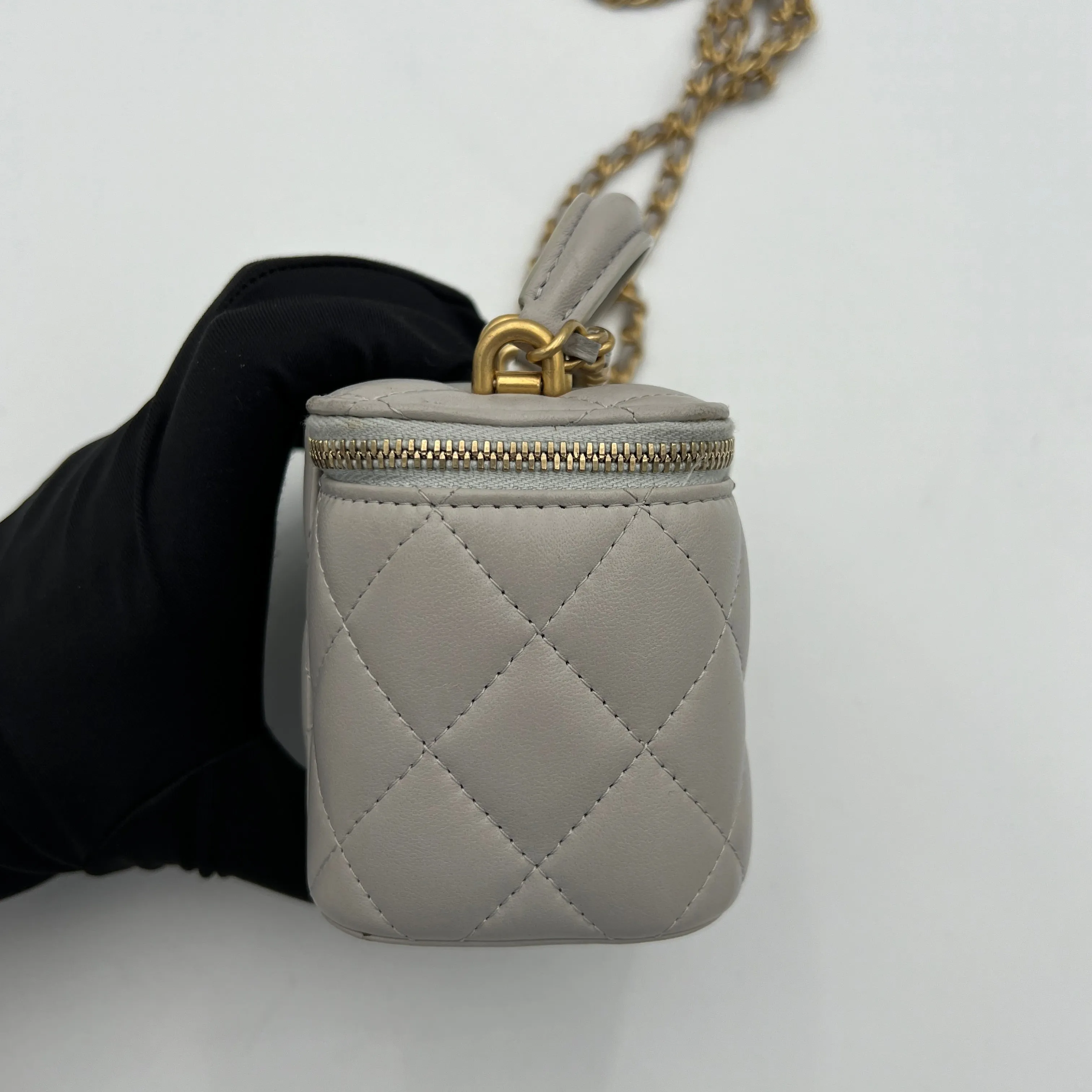 Classic Mini Grey Vanity Bag in Lambskin, Gold hardware