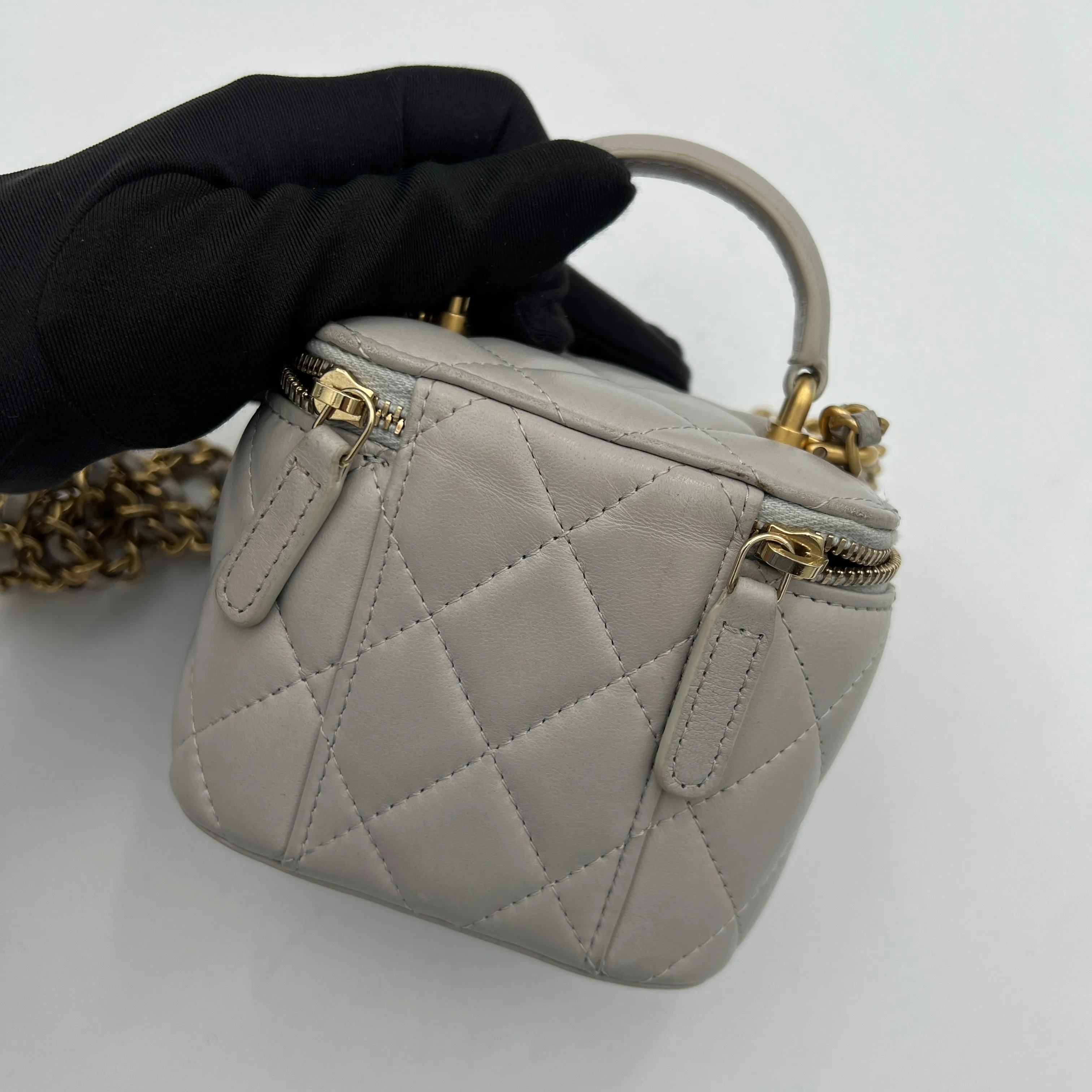 Classic Mini Grey Vanity Bag in Lambskin, Gold hardware