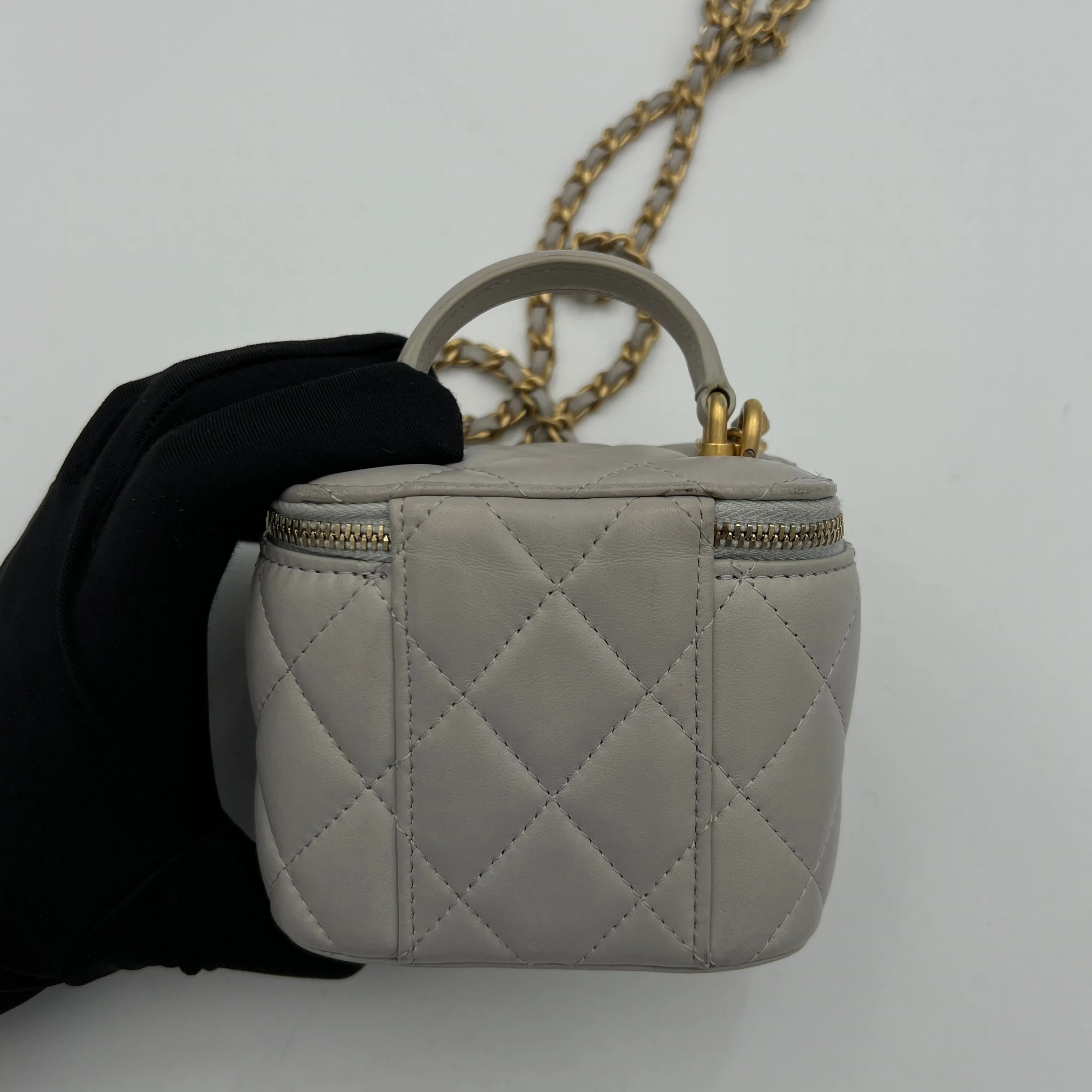 Classic Mini Grey Vanity Bag in Lambskin, Gold hardware