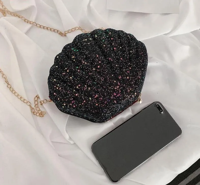 Cute Sequins Small Shell Bag Glitter Shoulder Bag Phone Money Pouch Chain Crossbody Bags for Women