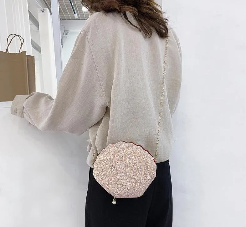 Cute Sequins Small Shell Bag Glitter Shoulder Bag Phone Money Pouch Chain Crossbody Bags for Women