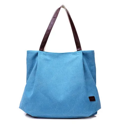 Fashion Plain Canvas Tote Bags For Women - Beige/Black/Sky Blue/Brown/Gray/Red