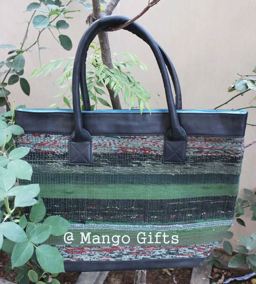 Green Chindi Rug Tota/Tote Bag Hand Stitch Shopping Bag