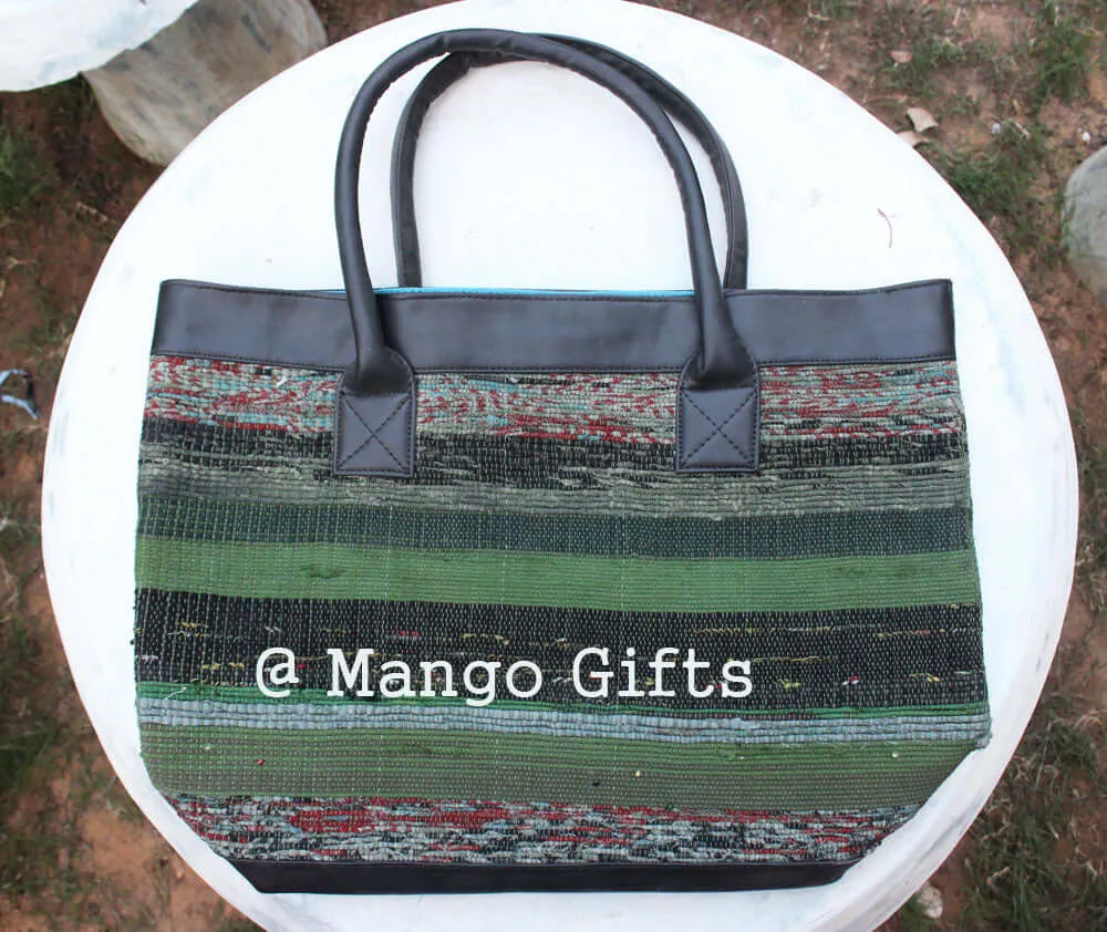 Green Chindi Rug Tota/Tote Bag Hand Stitch Shopping Bag