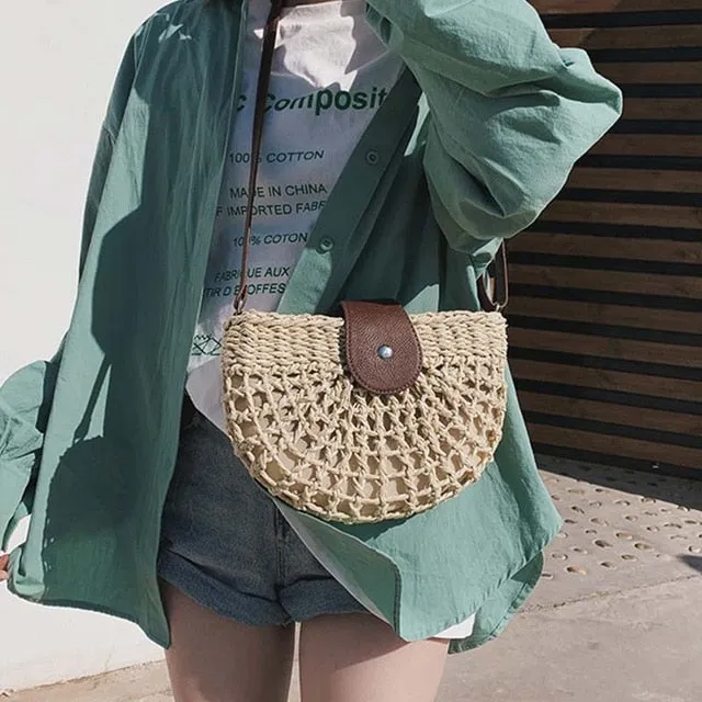 Hand-woven Solid Color Women Straw Bag Ladies Small Shoulder Bags Bohemia Beach Bag Crossbody Bags Travel Handbag Tote