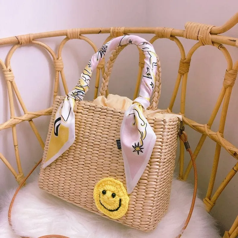 Handmade Natural Straw Basket Beach Bag With Ribbons