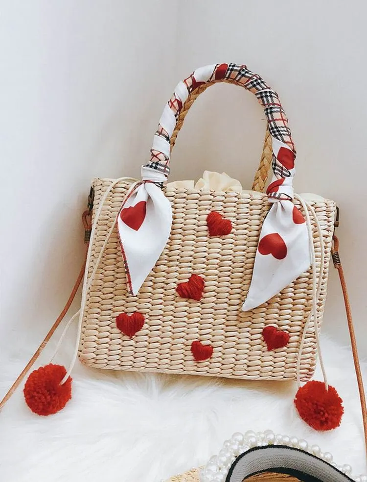 Handmade Natural Straw Basket Beach Bag With Ribbons