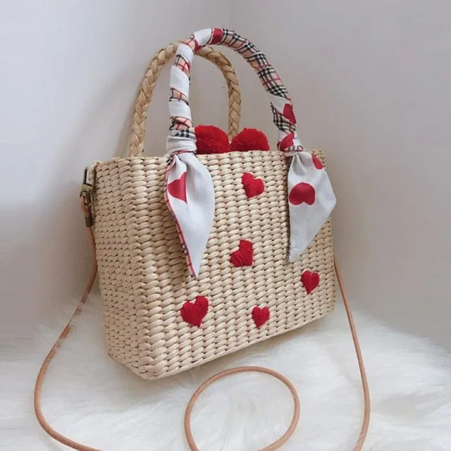 Handmade Natural Straw Basket Beach Bag With Ribbons