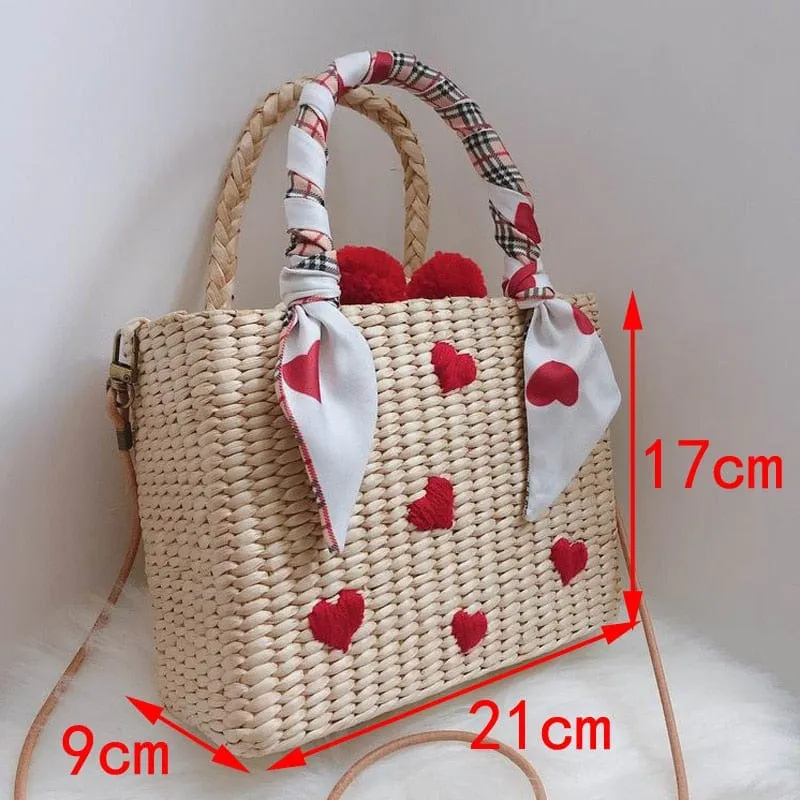 Handmade Natural Straw Basket Beach Bag With Ribbons