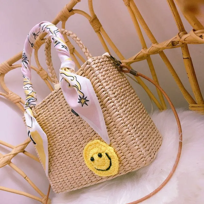 Handmade Natural Straw Basket Beach Bag With Ribbons