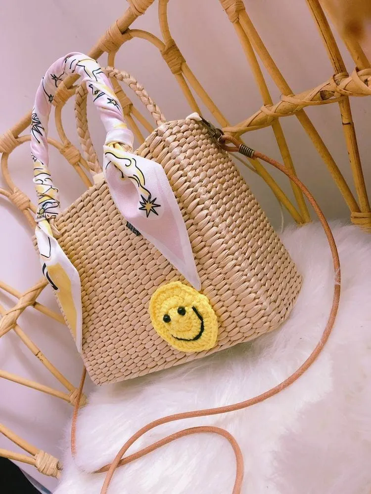 Handmade Natural Straw Basket Beach Bag With Ribbons