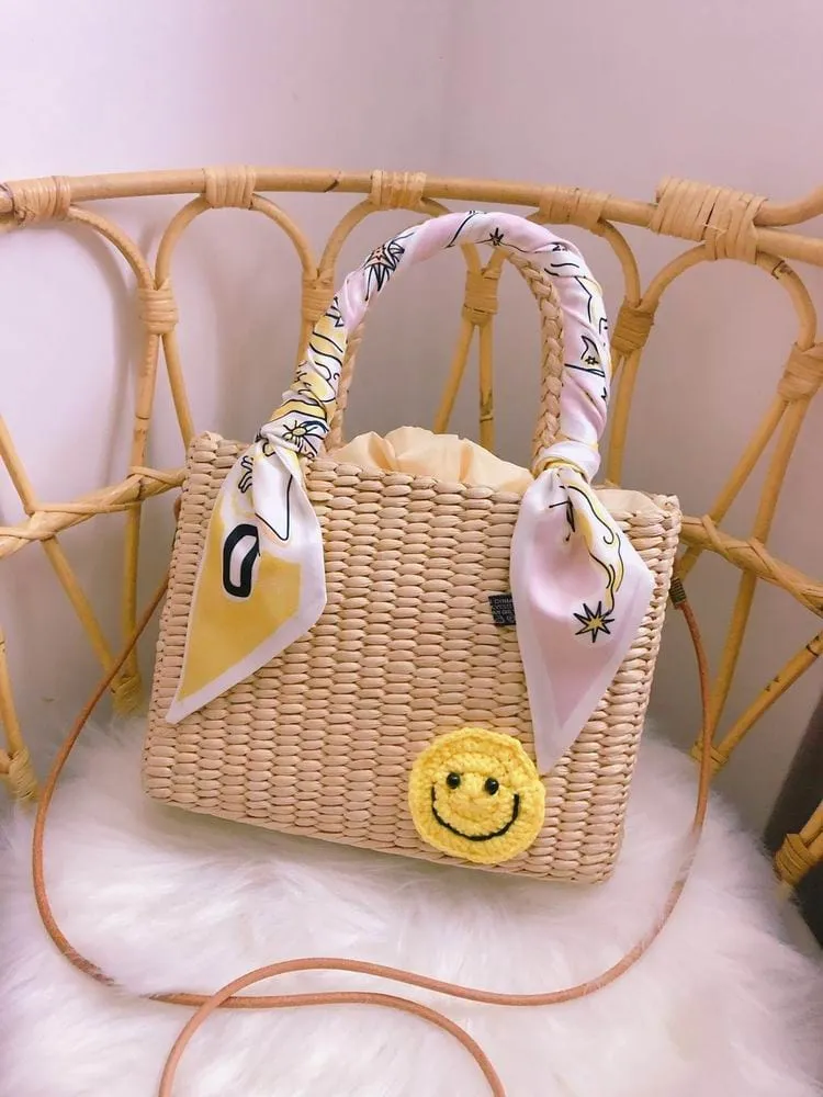 Handmade Natural Straw Basket Beach Bag With Ribbons