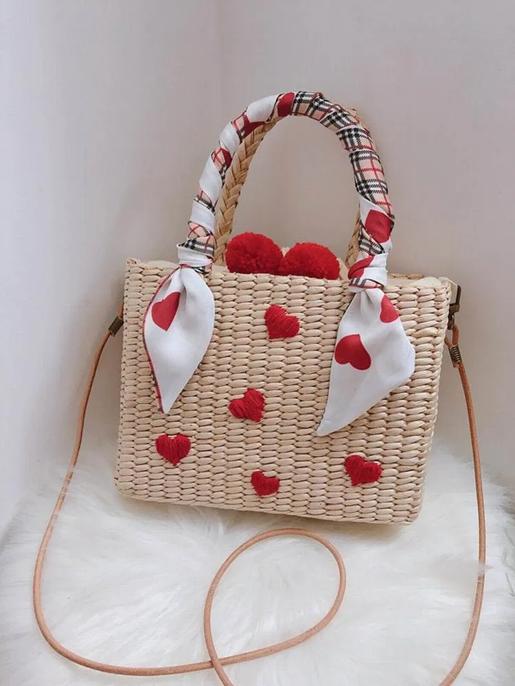 Handmade Natural Straw Basket Beach Bag With Ribbons