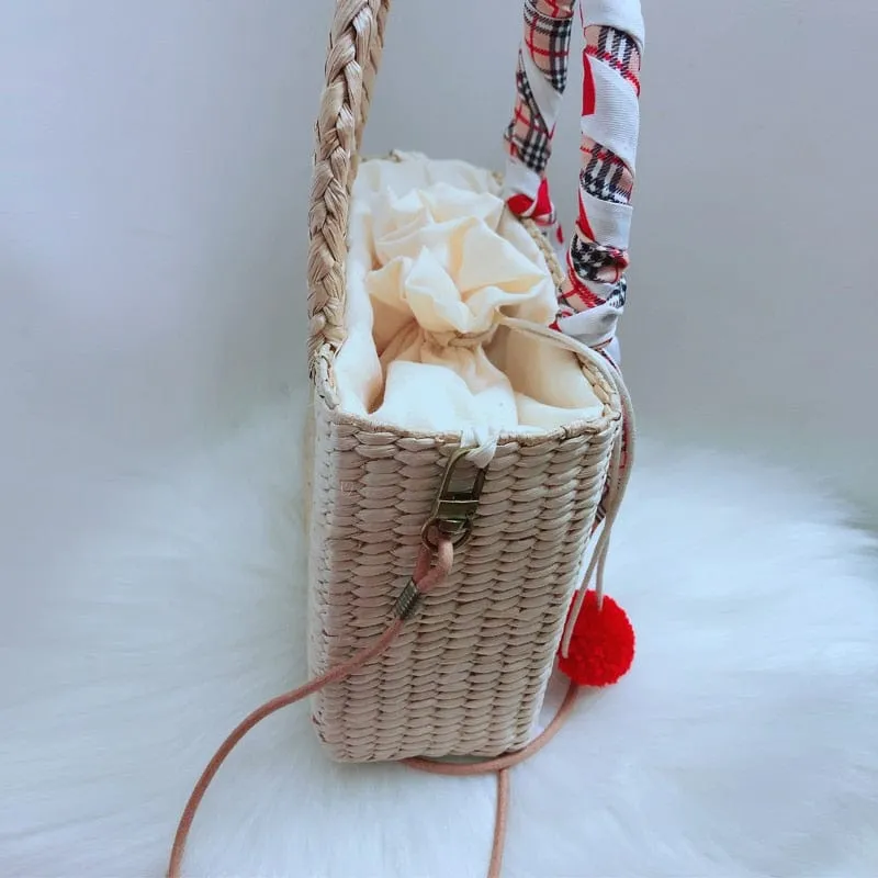 Handmade Natural Straw Basket Beach Bag With Ribbons