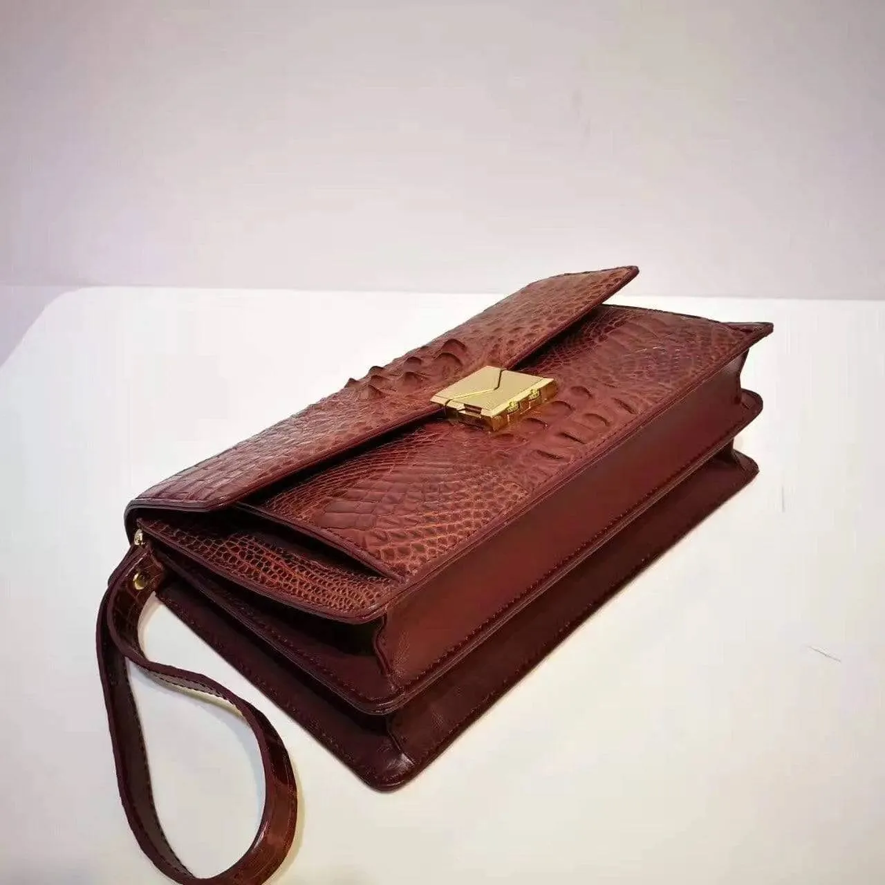 Mens Genuine Crocodile Leather Clutch Wristlet Bag  With Password Goodlock Brown