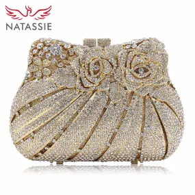 NATASSIE Women Crystal Evening Clutch Rose Flower Purse Party Female Wedding Clutches Bag