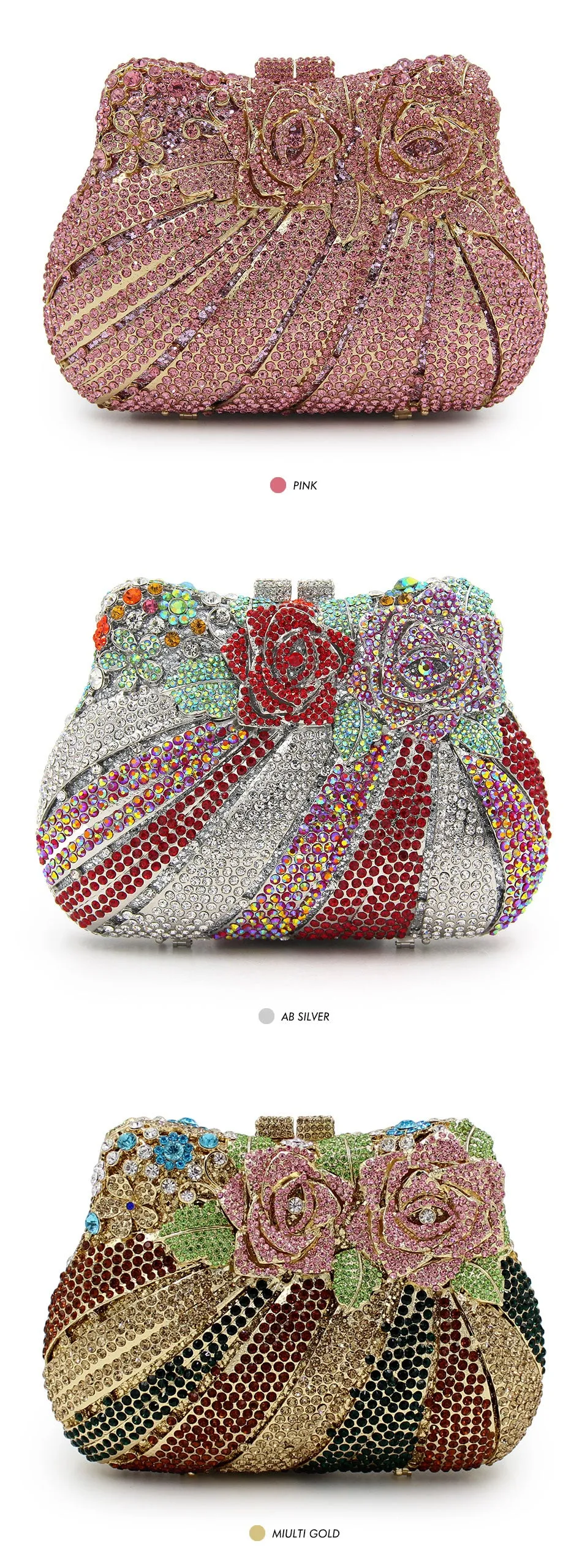 NATASSIE Women Crystal Evening Clutch Rose Flower Purse Party Female Wedding Clutches Bag