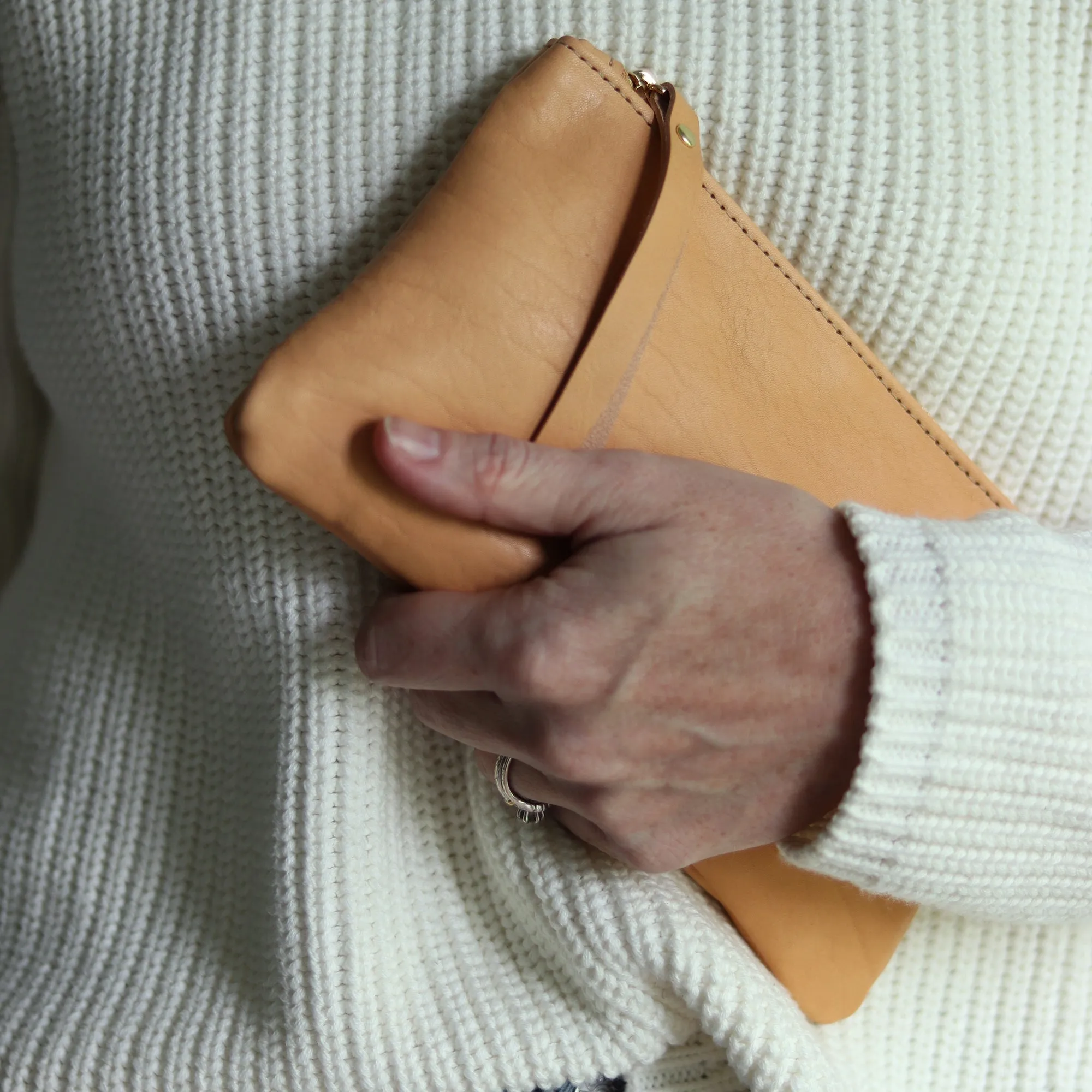 Personalized Leather Zip Clutch - Beige Pebble