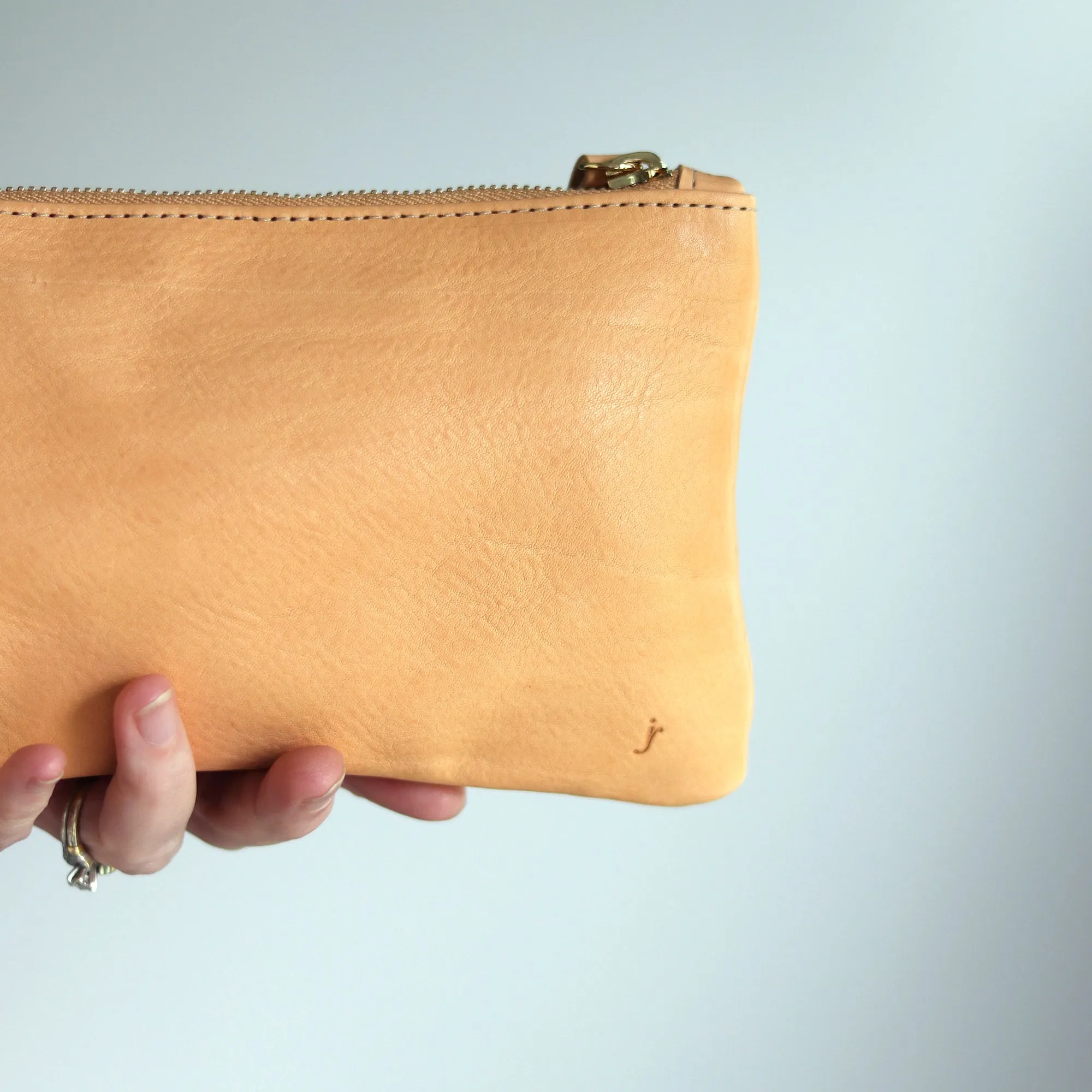 Personalized Leather Zip Clutch - Beige Pebble