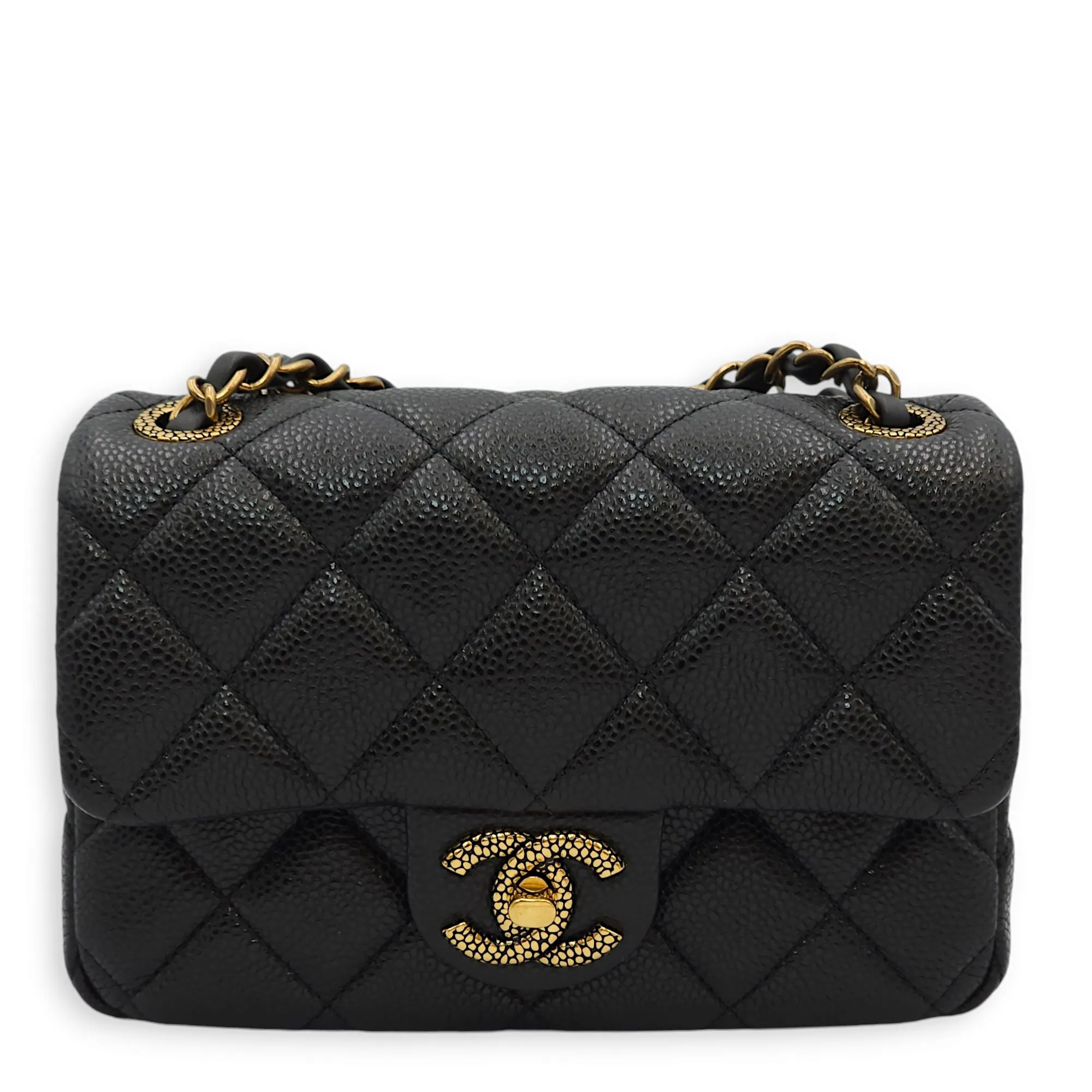 Quilted Seasonal Flap Mini Black Crossbody Bag in Caviar Leather, Gold hardware