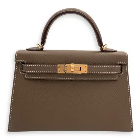 Sellier Kelly Mini Etoupe in Epsom, Gold hardware