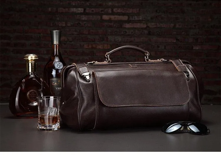 Top Grade Black Coffee Genuine Leather Travel Bag Metal