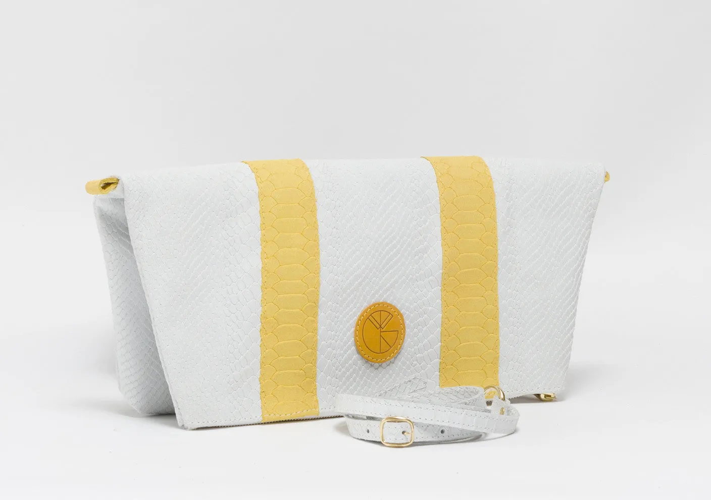 White and yellow python effect natural leather clutch