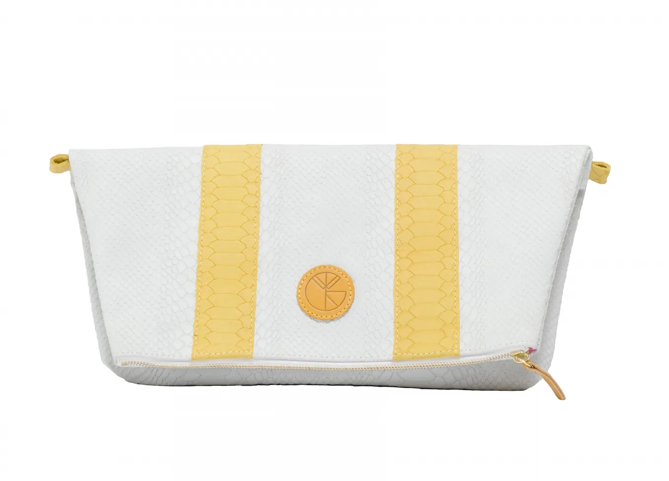 White and yellow python effect natural leather clutch