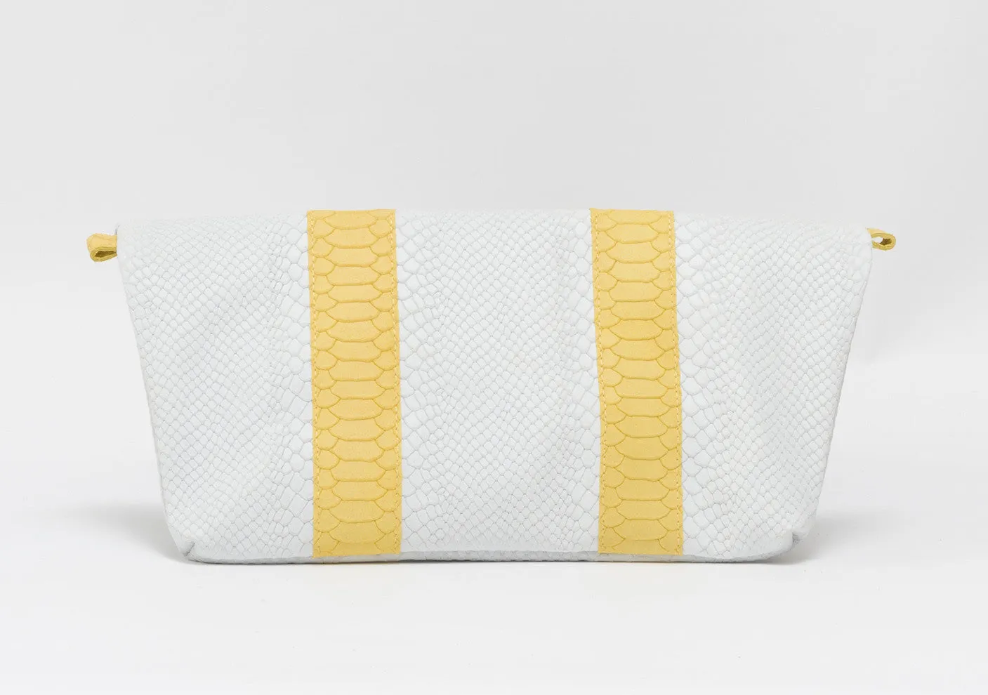 White and yellow python effect natural leather clutch