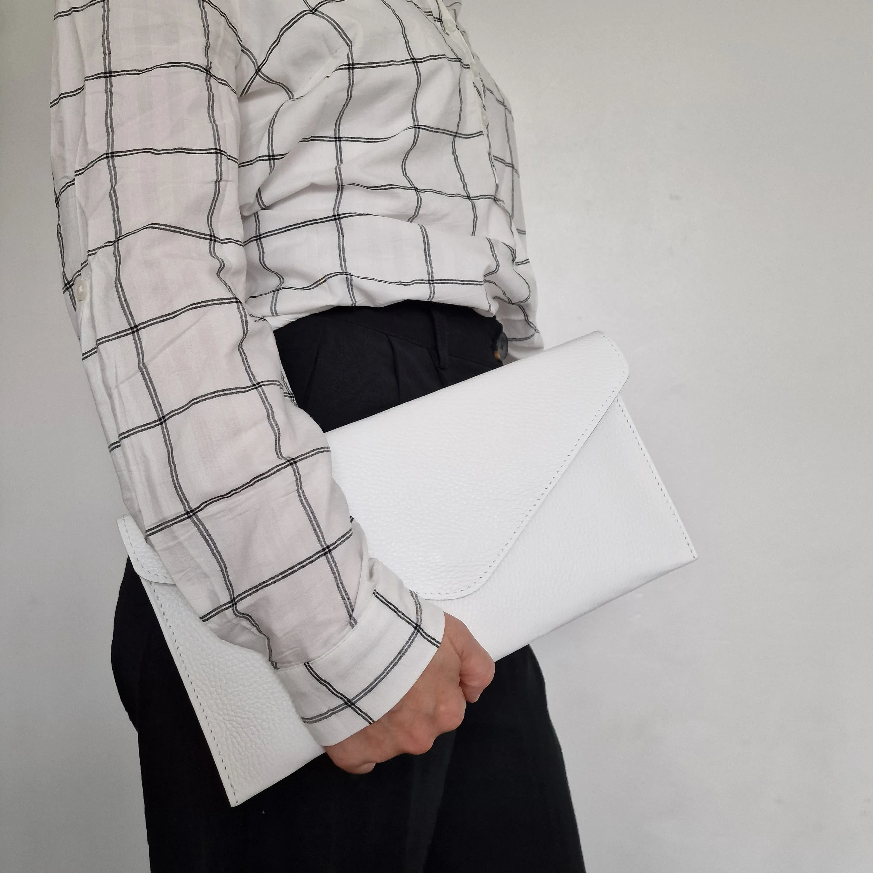 White Genuine Pebbled Leather Envelope Clutch