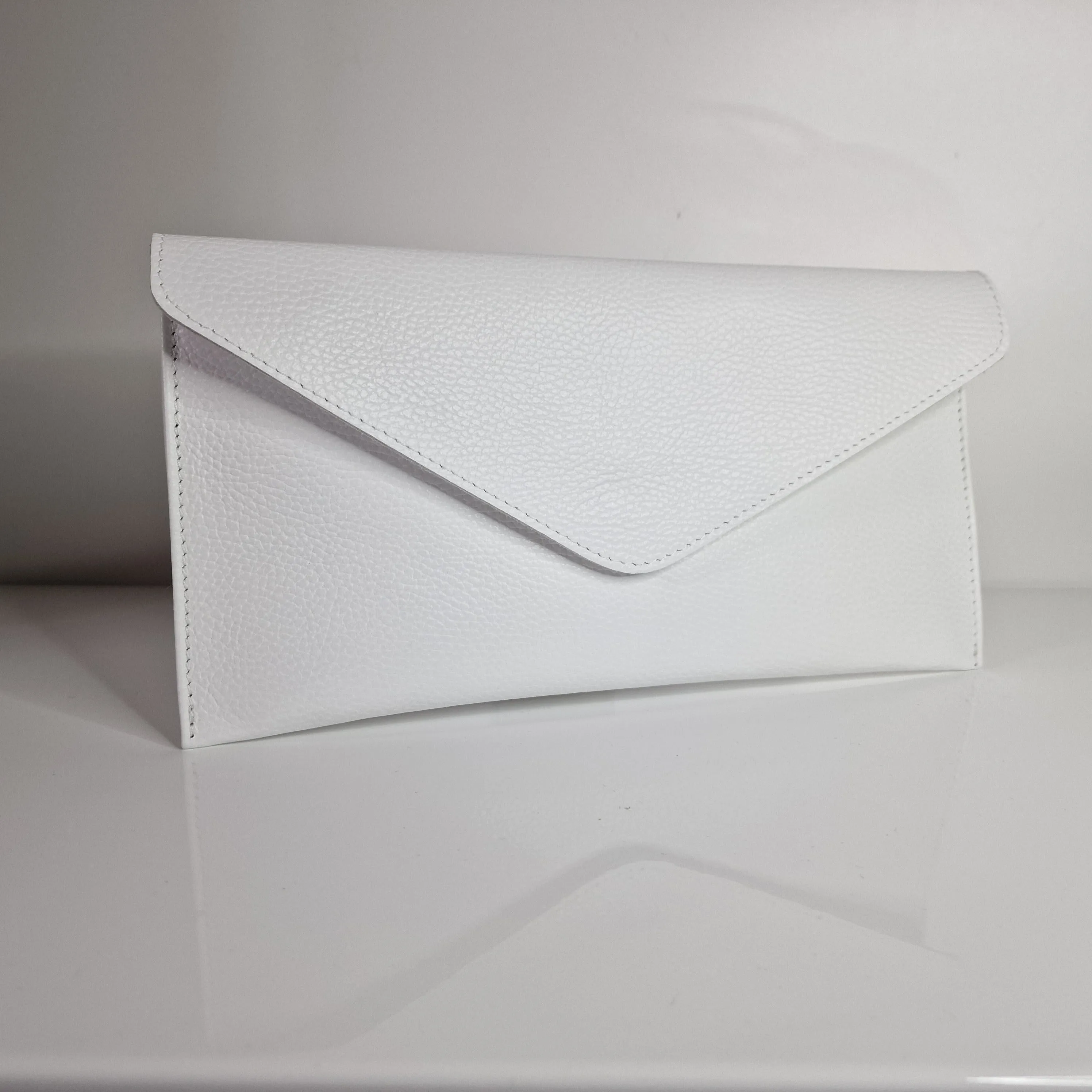 White Genuine Pebbled Leather Envelope Clutch