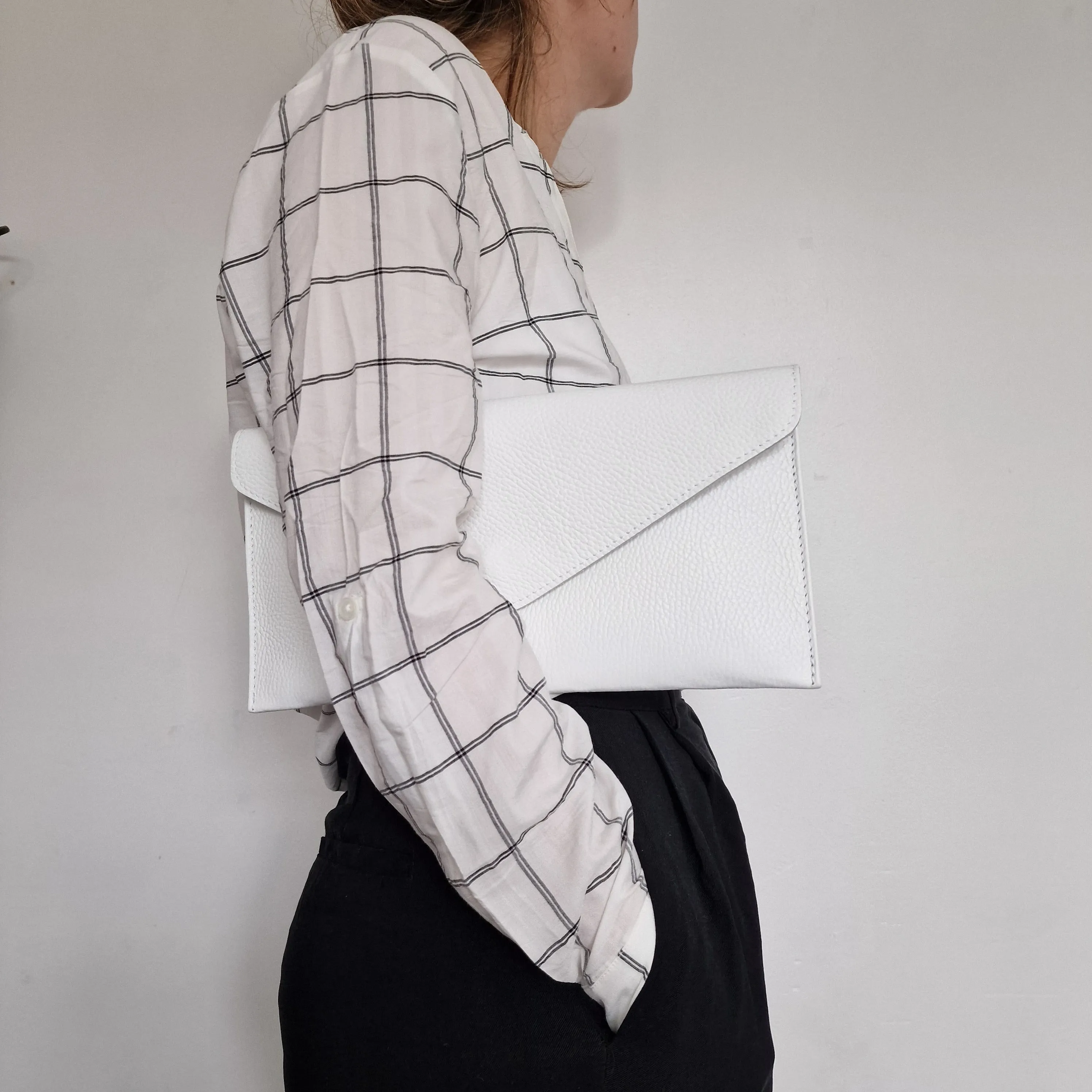 White Genuine Pebbled Leather Envelope Clutch