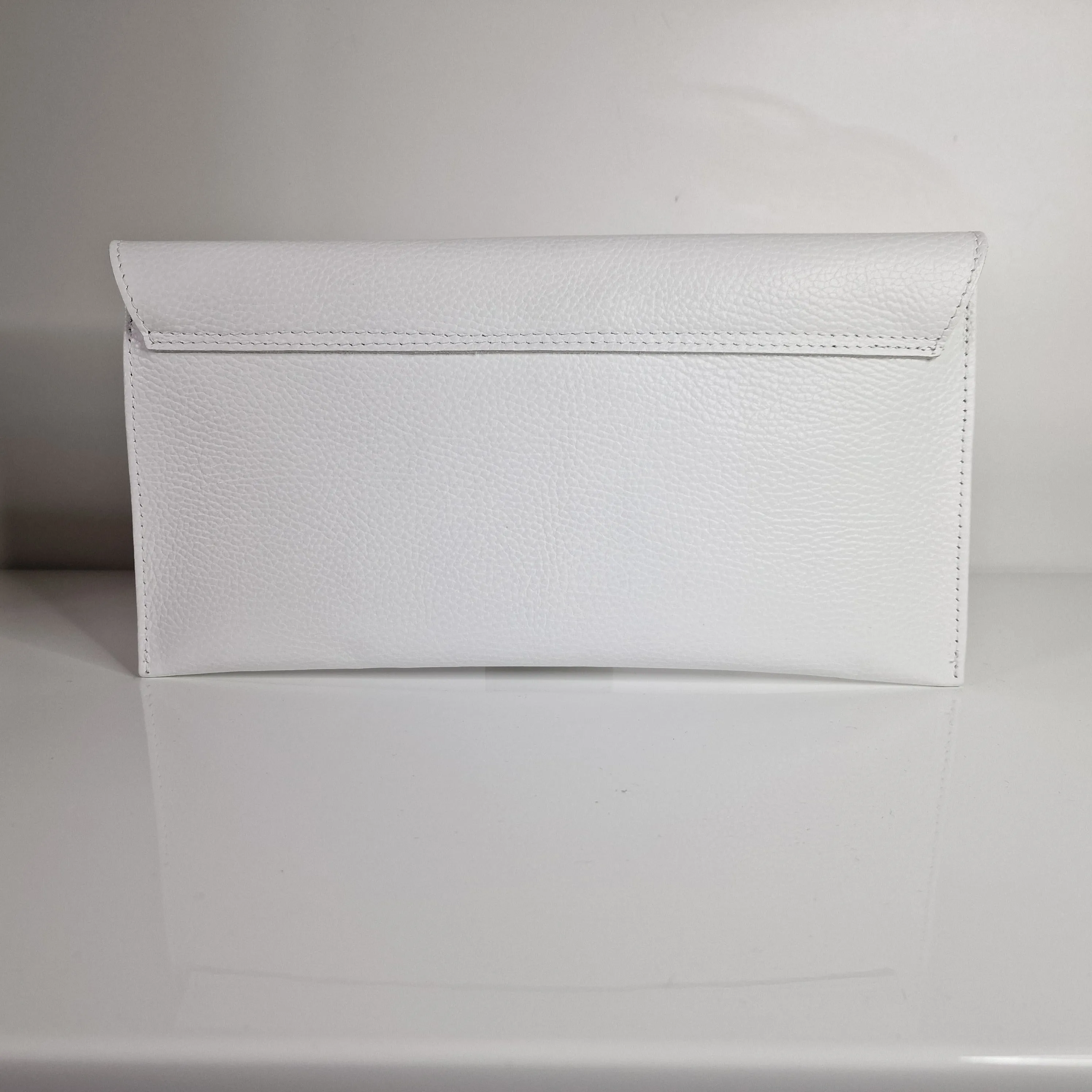 White Genuine Pebbled Leather Envelope Clutch