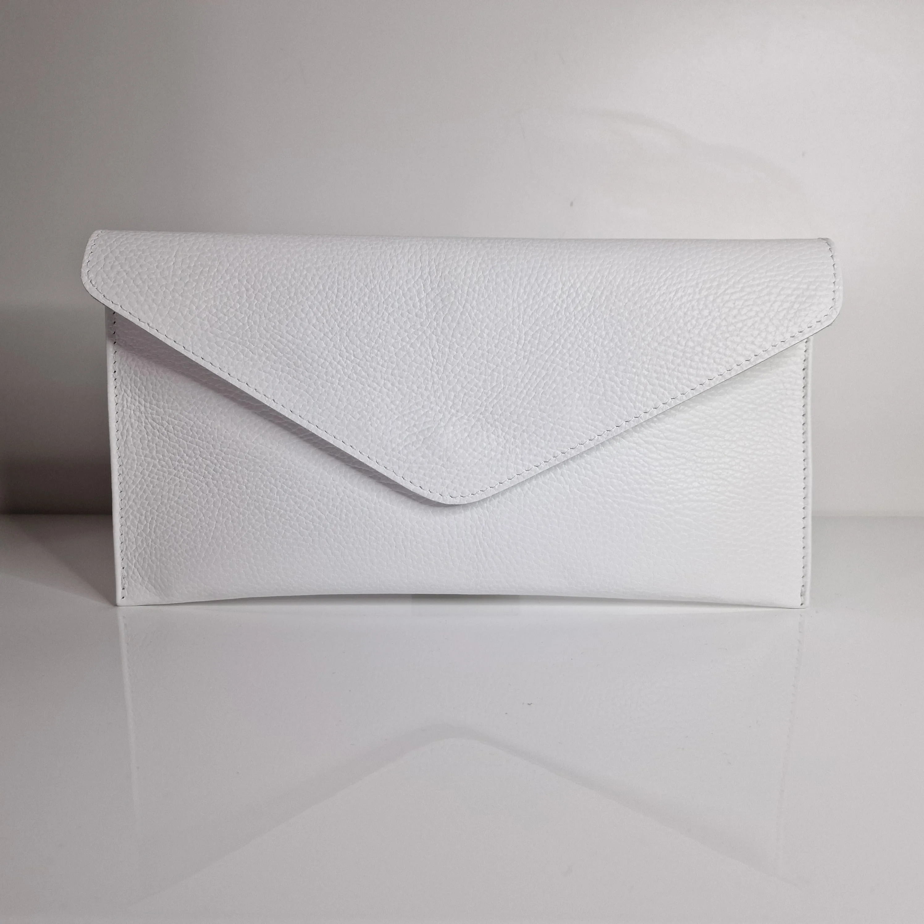 White Genuine Pebbled Leather Envelope Clutch