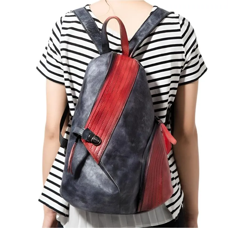 Women Men Genuine Leather Backpack Color Block Daypacks