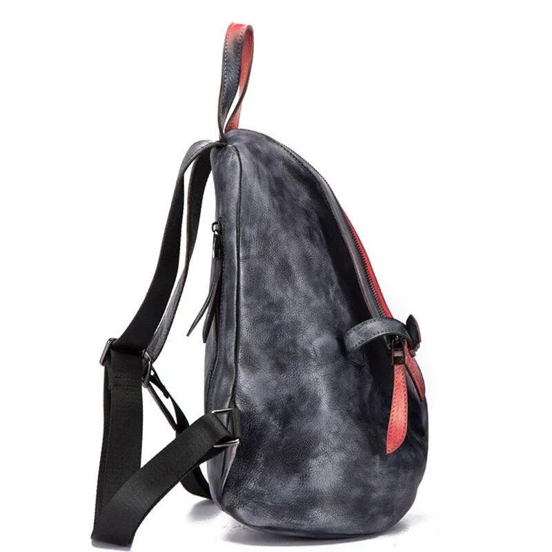 Women Men Genuine Leather Backpack Color Block Daypacks