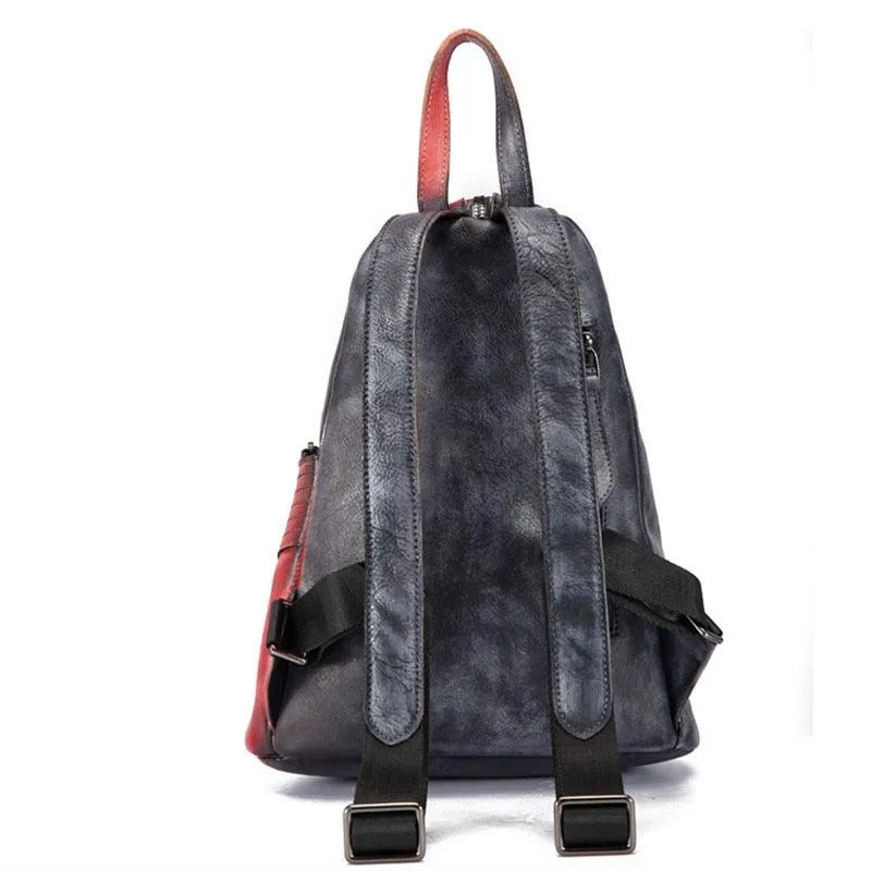 Women Men Genuine Leather Backpack Color Block Daypacks